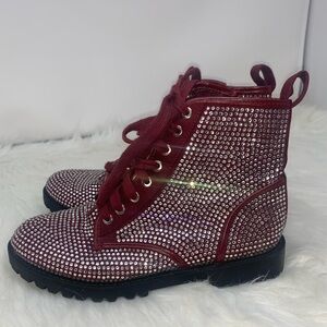 Glaze Rhinestone Burgundy Chunky Combat Moto Style Zip Boots Tag Sz 5.5 Fit Sz 7